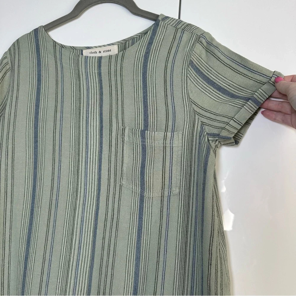 Cloth & Stone Linen Blend Tunic Dress Striped Short Sleeve Size Small Sage Green - Picture 2 of 11